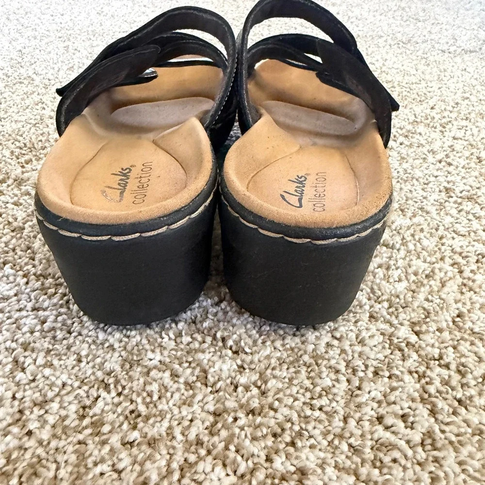 Clarks Collection Womens Black Wedge Slide Sandals Adjustable Straps‎ Size 8.5